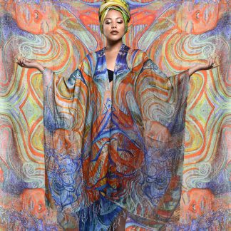 The Celebration Kaftan by Disorder a unique handcrafted with a sheer cotton, printed with the original oil painting ‘Celebration’ by Disorder.