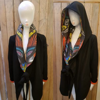 Black Wool Reversible Hooded Kimono Wrap coat by Disorder. Unique, one off, sustainable, ethically handmade in England by Disorder, UK.