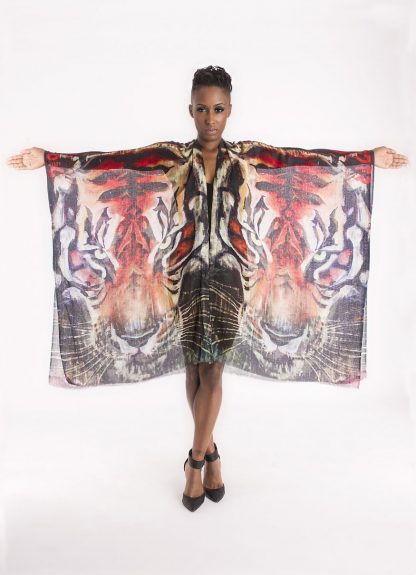 Burmese Tiger Kaftan by Disorder is unique and hand crafted, using is a sheer cotton fabric, printed with the painting ‘Burmese Tiger'.