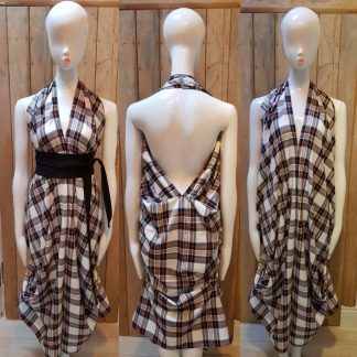 Black/White Tartan Halterneck Dress with Obi Belt by Disorder, can be worn in 4 distinctly different styles, it is handmade in UK by Disorder
