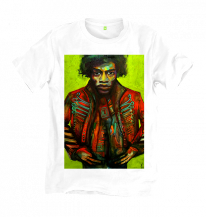 The Jimi Hendrix White T-Shirt is a unique artisan product handmade by Disorder.  The t-shirt is made from organic cotton and is printed with non-toxic inks.