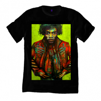 Jimi Hendrix Black T-Shirt a print of original painting by Disorder, on organic cotton, sustainably handmade by Disorder in the UK