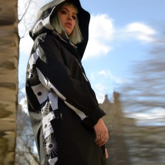 Women's Hooded Samurai Jacket is handcrafted from black cotton and contrasted with ethical sourced batik cotton fabric by Disorder in the UK