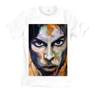 Prince white t shirt is from an original painting of the icon Prince. Printed on a sustainable, organic cotton t shirt, made in UK by Disorder