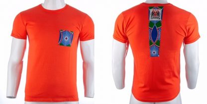 Bali by Disorder orange-red Zen t shirt with blue patch. This t shirt is sustainably handmade by Disorder in our Birmingham Studio.