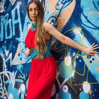 Red/Turquoise Halter Neck Dress by Disorder is very versatile and can be worn in 4 distinctly different styles. Handmade By Disorder in UK