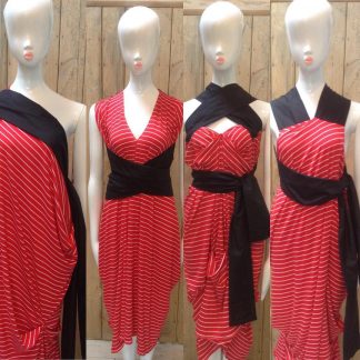 The Red/White Stripe Halterneck Dress by Disorder is very versatile and can be worn in 4 distinctly different styles. Its handmade in England.