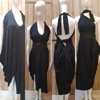 Black Organic Cotton Halter Neck Dress by Disorder, can be worn in 4 distinctly different ways, handmade by Disorder from post production organic cotton.
