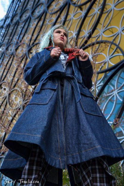 Disorder long collar coat in denim, is a slow fashion, ethically made garment.