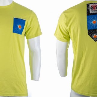 Bali by Disorder lime-yellow Zen t shirt with blue patch. This t shirt is sustainably handmade by Disorder in our Birmingham Studio.