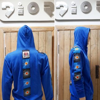 Disorder Zen Azure Hoodie is a one-off, unique, slow fashion, sustainable garment. Hand-tailored to order in our Birmingham, UK