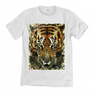 The Burmese Tiger Painting White T-Shirt, is a print of an original painting by Disorder, on an ethically and sustainably made tshirt in UK.