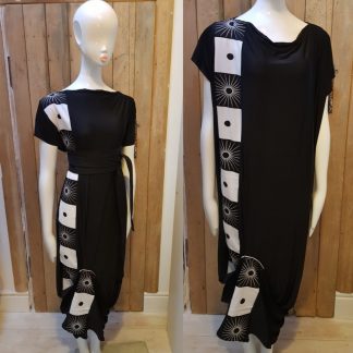 Disorder Black Zen Dress, with black/white African fabric detail. A unique, slow fashion dress, hand tailored in our Birmingham micro factory.