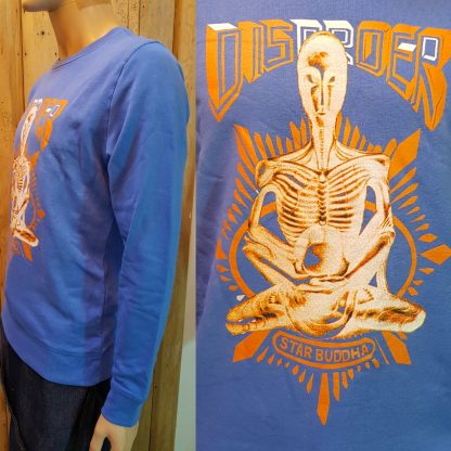 The Star Buddha Blue Sweatshirt by Disorder, is from the original sketch the Fasting Buddha by Disorder and is sustainably made in UK.