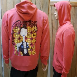 The Arcadian Carmine Red Hoody by Disorder, a fusion of eastern spirituality and sci-fi dystopianism, ethically and sustainably made and printed in UK.