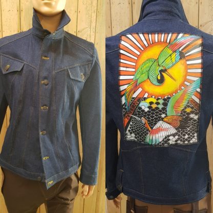 Disorder Stork Sunrise Denim Jacket, a limited edition bespoke, customised jacket, designed and tailor made in our Birmingham, UK based Studio.