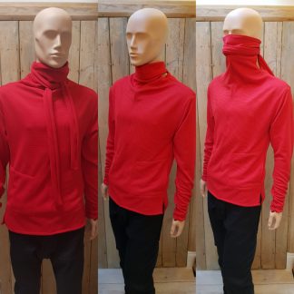 Red High Collar Strap Top, 3 tops in 1, designed to be worn either with the collar up, strapped like a tie, like a polo neck or with a mask.