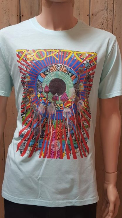 The Disorder Psilocybin Caribbean Blue T-Shirt is an organic cotton, sustainably made t-shirt by Disorder. Psilocybin...one of Earth's natural gifts to renew brain circuitry is the inspiration for this new Disorder artwork, as well as our  travels around Asia, The Himalayas and Sixties psychedelia.