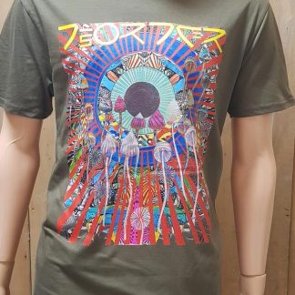 The Disorder Psilocybin Khaki T-Shirt is an organic cotton, sustainably made t-shirt by Disorder. Psilocybin...one of Earth's natural gifts to renew brain circuitry is the inspiration for this new Disorder artwork, as well as our  travels around Asia, The Himalayas and Sixties psychedelia.