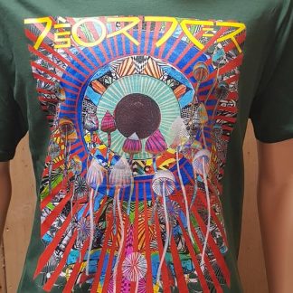 The Disorder Psilocybin Bottle Green T-Shirt is an organic cotton, sustainably made t-shirt by Disorder. Psilocybin...one of Earth's natural gifts to renew brain circuitry is the inspiration for this new Disorder artwork, as well as our  travels around Asia, The Himalayas and Sixties psychedelia.
