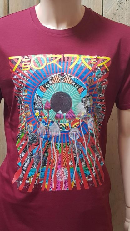 The Disorder Psilocybin Burgundy T-Shirt is an organic cotton, sustainably made t-shirt by Disorder. Psilocybin...one of Earth's natural gifts to renew brain circuitry is the inspiration for this new Disorder artwork, as well as our  travels around Asia, The Himalayas and Sixties psychedelia.