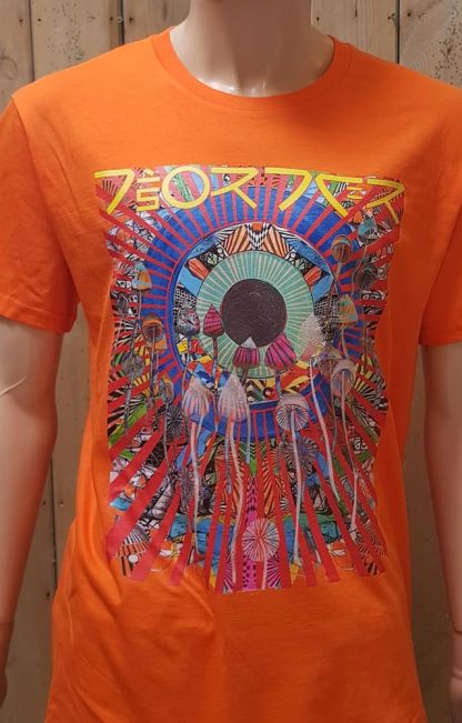 The Disorder Psilocybin Orange T-Shirt is an organic cotton, sustainably made t-shirt by Disorder. Psilocybin...one of Earth's natural gifts to renew brain circuitry is the inspiration for this new Disorder artwork, as well as our  travels around Asia, The Himalayas and Sixties psychedelia.