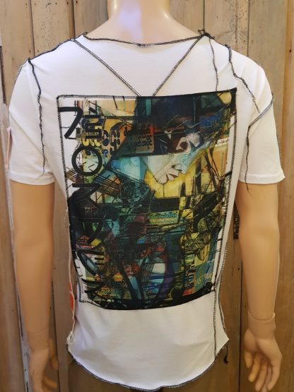 Disorder Androidia Bladerunner White Overlocked T-Shirt, a fusion of Bladerunner, Psychedelia, Burmese Mysticism from travels in Asia. Handmade in the UK.