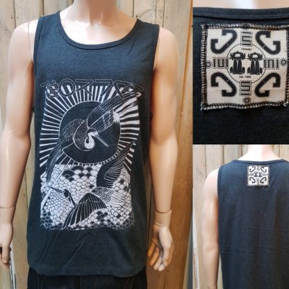 Circle of Life Dark-Grey Yoga Vest, original hand drawn design by Disorder, inspired by cultural travels in Myanmar, sustainably and ethically made in UK.