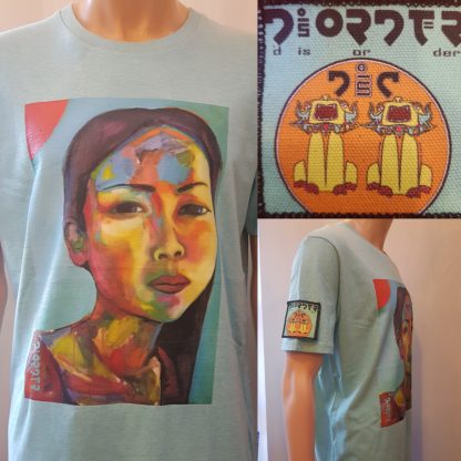 Thiri in Mandalay Jade T-Shirt from an original painting by Disorder, inspiration from our travels to Mandalay, Myanmar. Ethically made by Disorder in UK.
