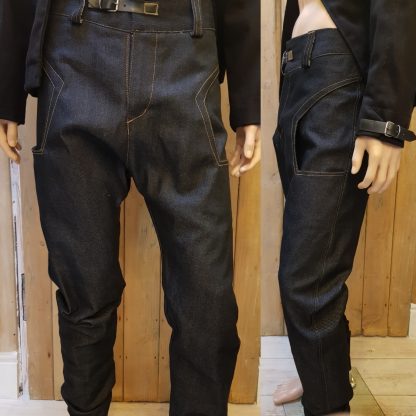 Black Denim Low Crotch Trousers by Disorder. We handcraft these limited edition, sustainable and ethically made trousers, in our Birmingham, UK studio.