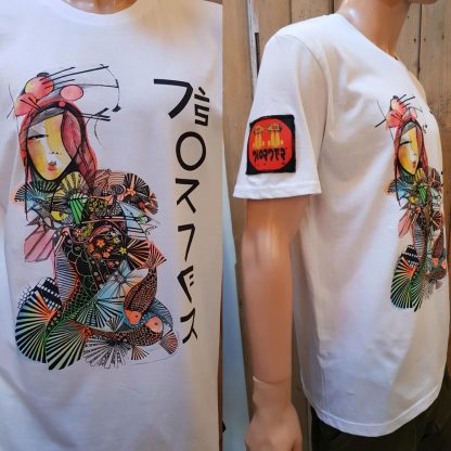 The Disorder Koi Kimono Hand-Painted Sunset Badge t-shirt is a unique design. Ethical and Sustainable t-shirt handmade in our Birmingham, UK studio.