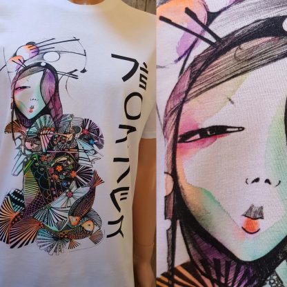 The Disorder Koi Kimono Hand-Painted Badge t-shirt is a unique, design by Disorder. Ethical and Sustainable t-shirt handmade in our Birmingham, UK studio.