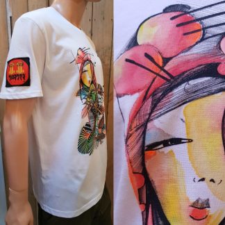 The Disorder Koi Kimono Hand-Painted Sunset Badge t-shirt is a unique design. Ethical and Sustainable t-shirt handmade in our Birmingham, UK studio.