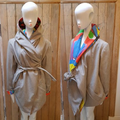 Grey Wool, Reversible, Hooded, Kimono Wrap coat by Disorder. Unique, one off, sustainable, ethically handmade in England by Disorder, UK.