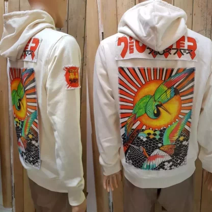 The Stork Sunrise Raw Organic Cotton Hoodie by Disorder. Japanese Kitsch, Burmese Buddhist Culture, British Punk movement all inspiration for this Hoodie.