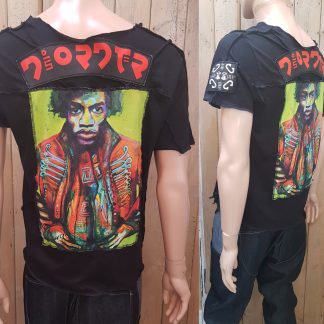 Jimi Hendrix Overlocked Disorder T-Shirt. Original painting by Disorder, on unique one-off overlocked, organic cotton t-shirt. We handmake everything in UK