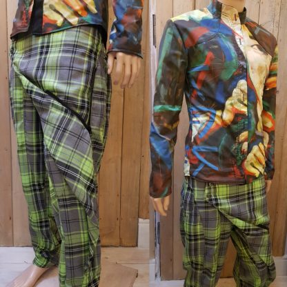 Disorder Green Tartan Samurai Trousers, fusion of Japanese styling, Italian cut, subversive British twist. Pays homage to Vivienne Westwood punk aesthetic.