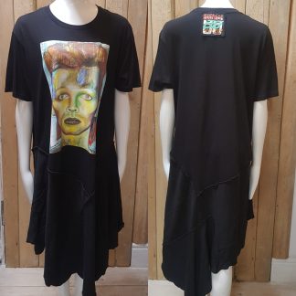 The David Bowie Asymmetric T-Shirt Dress by Disorder is made from organic cotton. A unique dress handmade in our Birmingham UK studio.