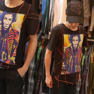 Jimi Hendrix Customised T-Shirt, a print from an original Disorder painting on a black organic cotton, sustainable, carbon neutral t-shirt in Britain.