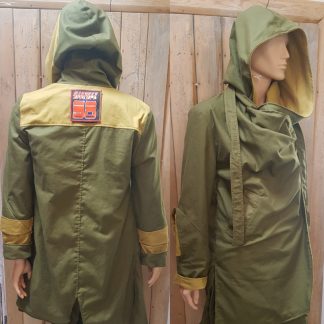 The British Khaki-Green Reversible Yoga Canvas Hooded Samurai Coat design is exclusive and sustainably made in the UK by Disorder.